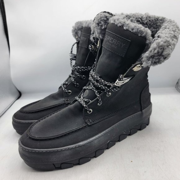 Sperry Juneau Womens 8 Black Gray Winter Boots Faux Fur Casual Comfort STS86817 - Picture 4 of 14